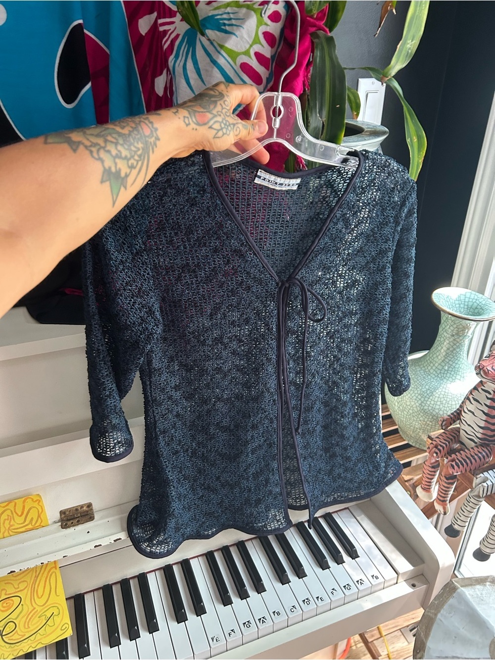 Point Zero Nicole Benisti Black Metallic Mesh Tie Front Cardigan Y2K Sheer Top - Picture 9 of 11